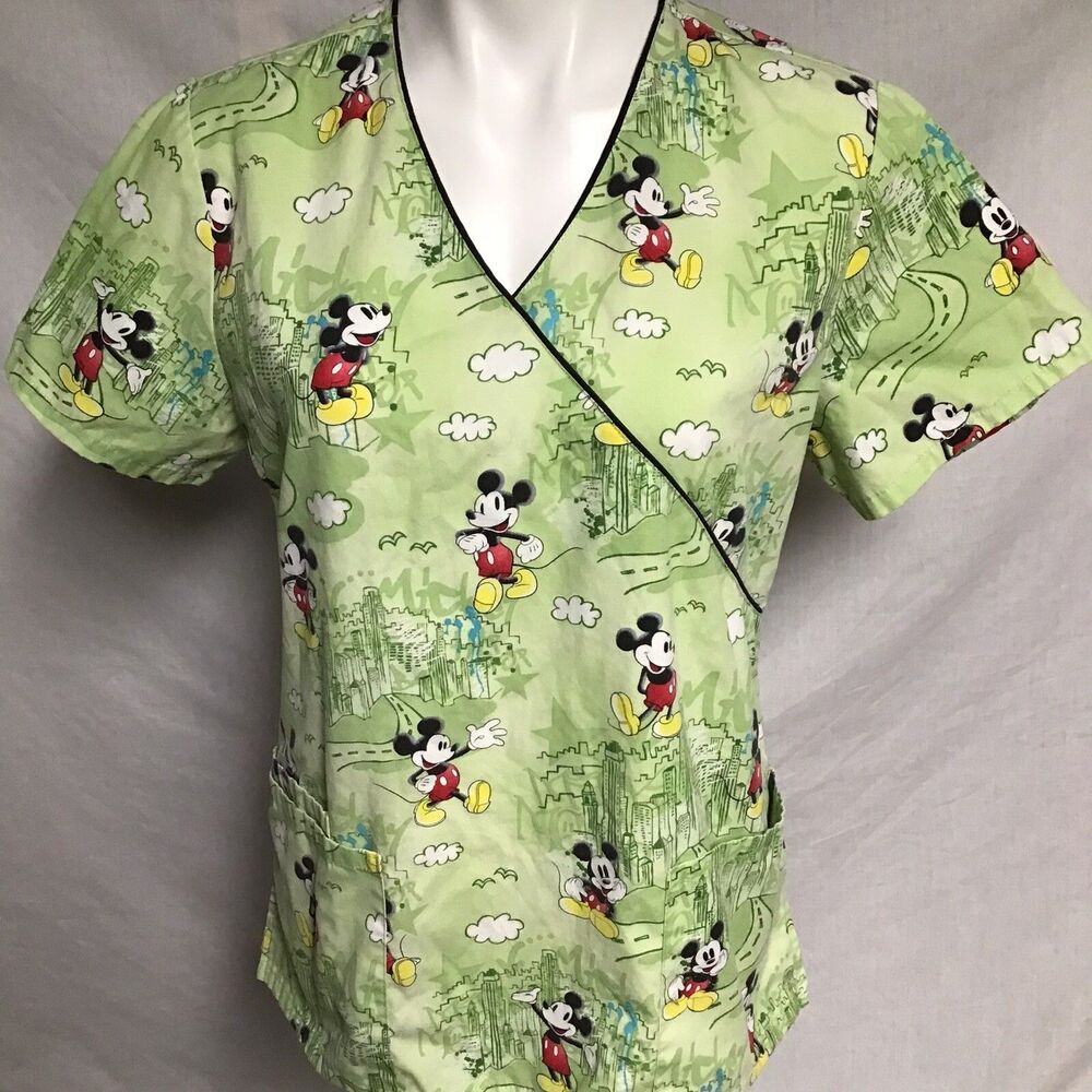 Disney Nurse Scrub Top Womens 3 Pockets Mickey Mouse City Highway Size Small
